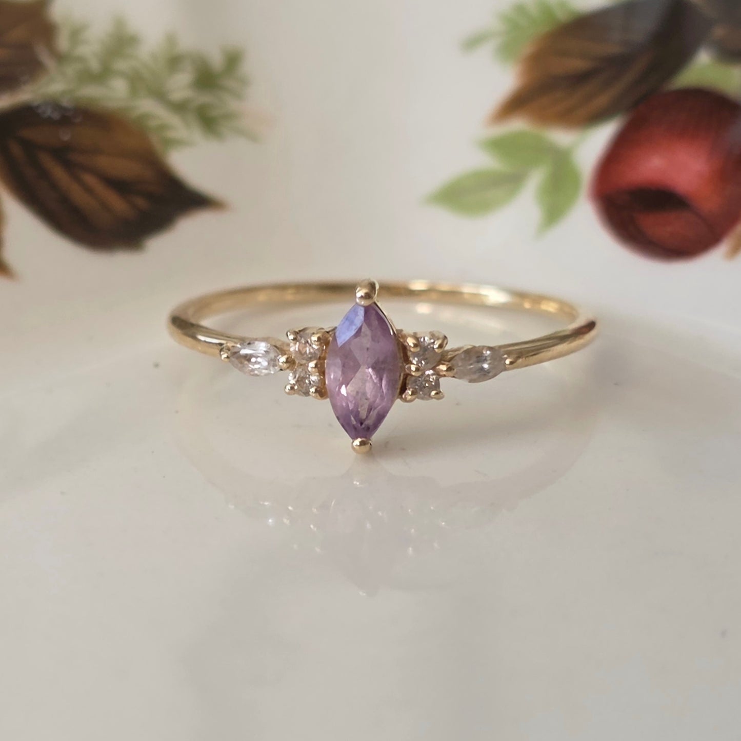 Vintage 14k gouden ring met amethist en kwarts