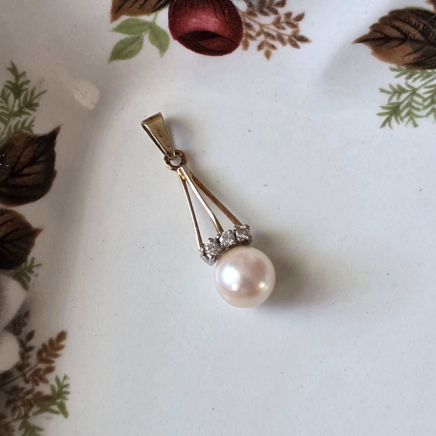 Vintage 14k gouden hanger parel en diamanten