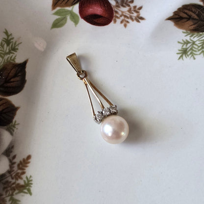 Vintage 14k gouden hanger parel en diamanten