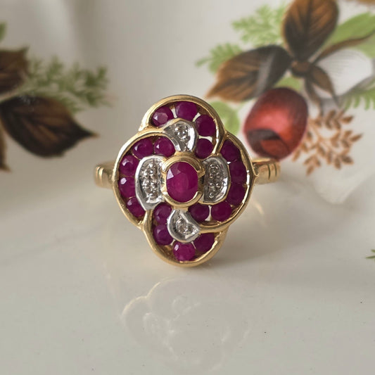 Vintage 14k gouden ring met diamant en robijn