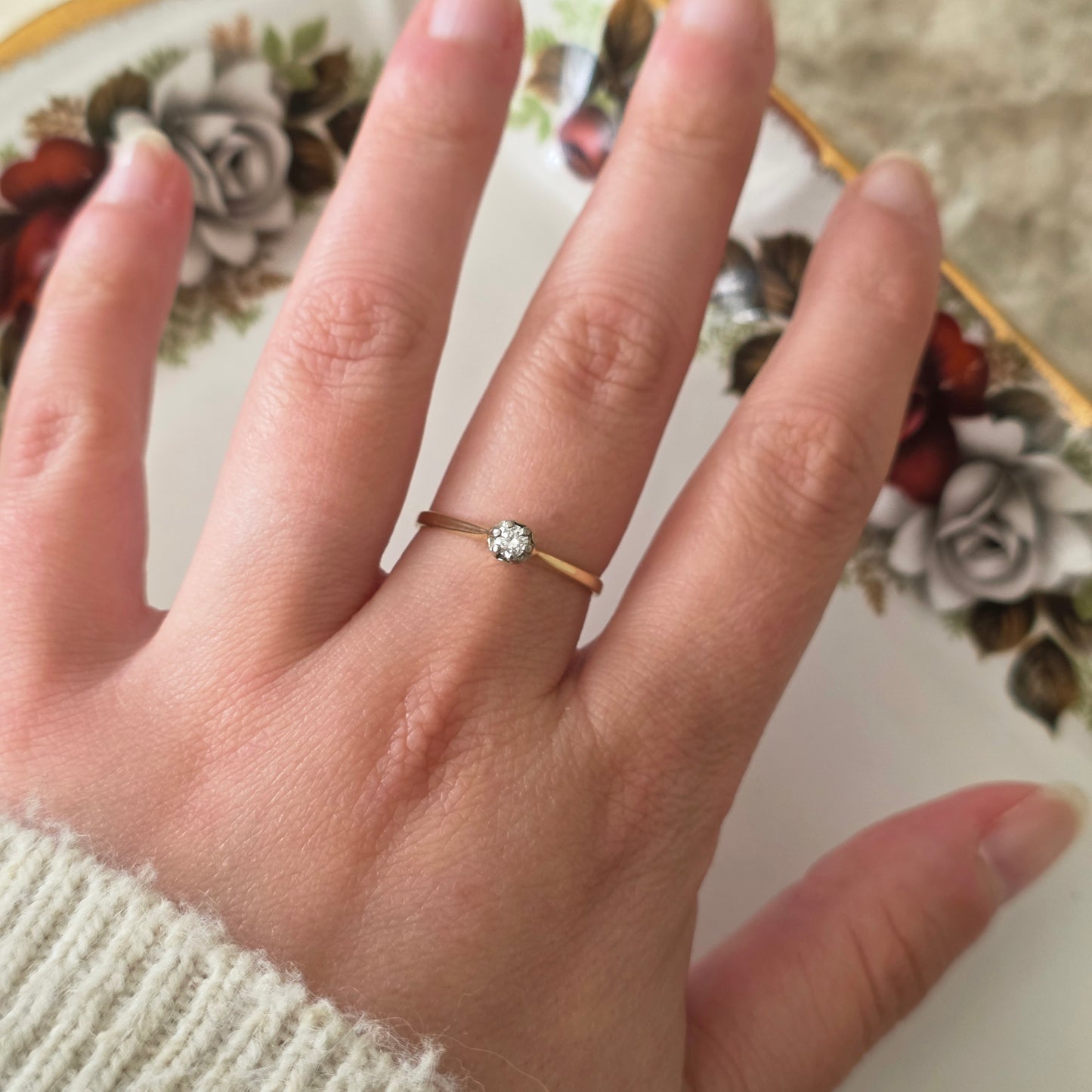 Vintage 14k gouden solitair verlovingsring diamant 0.1ct