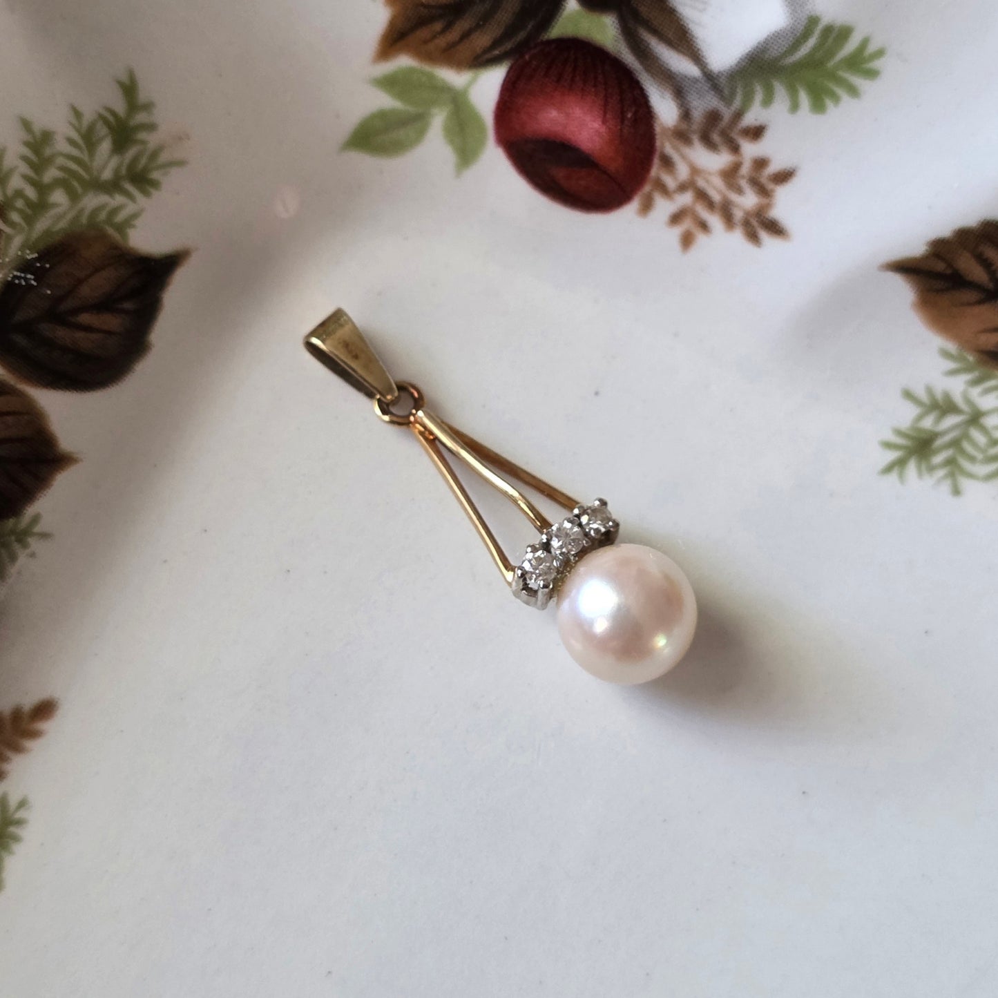 Vintage 14k gouden hanger parel en diamanten