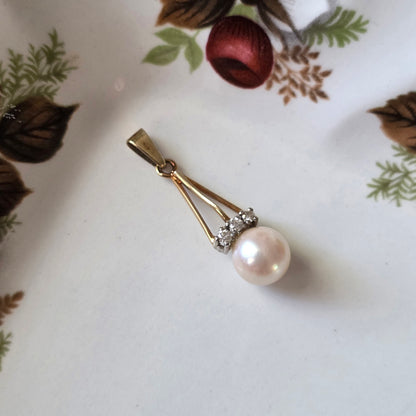 Vintage 14k gouden hanger parel en diamanten