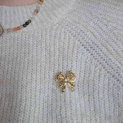 Antieke 14k gouden strik broche met roosdiamanten