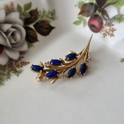 Vintage 14k gouden broche met diamant en lapis lazuli