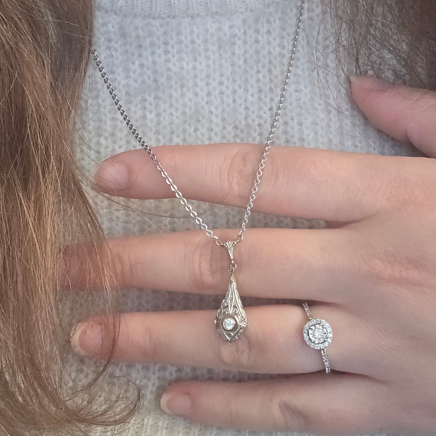 Antieke 14k wit gouden Art Deco diamant ketting