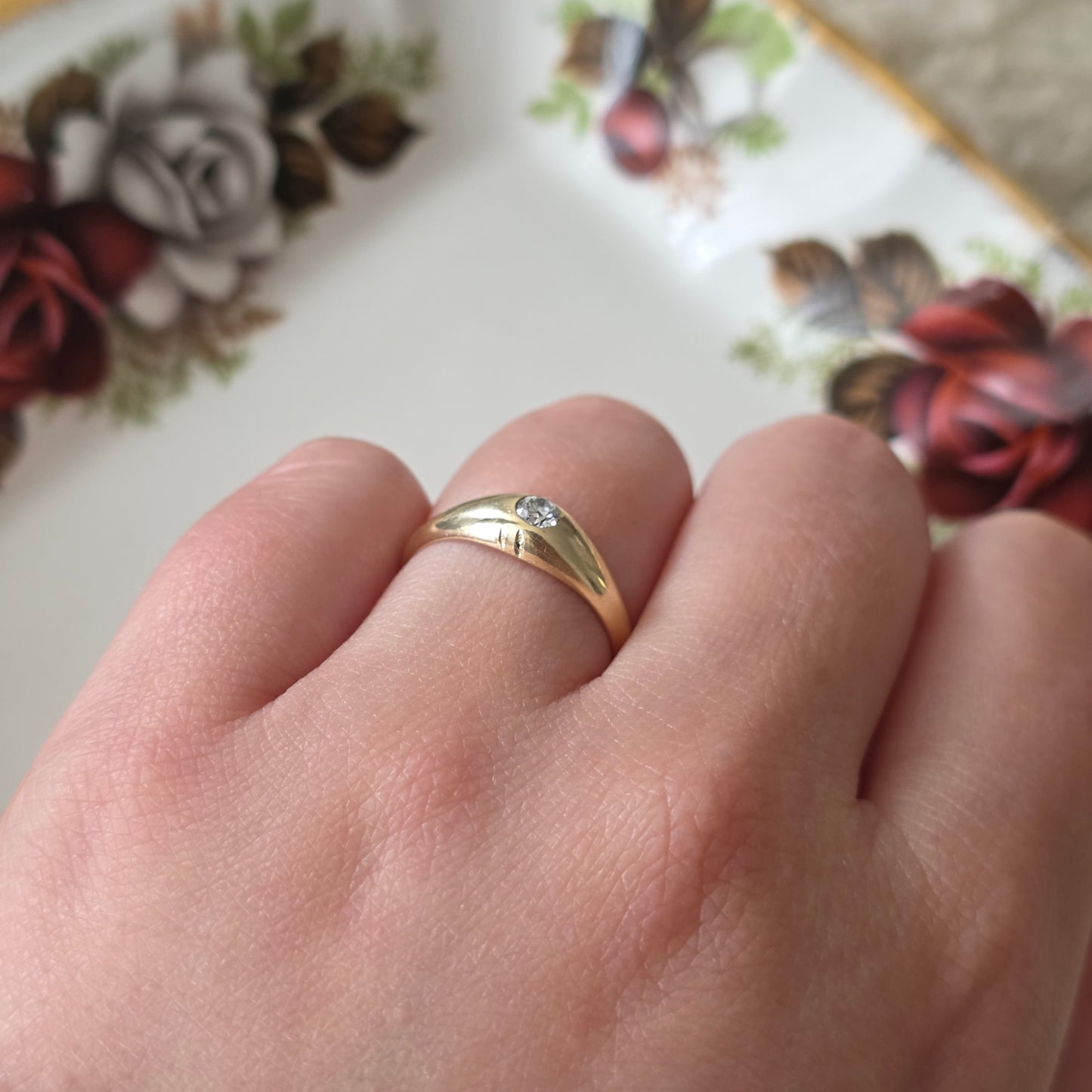 Vintage 14k gouden gypsy ring old european cut diamant 0.1ct
