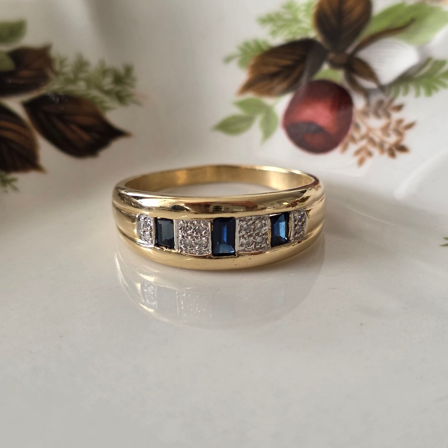 Vintage 14k gouden ring saffier en diamant