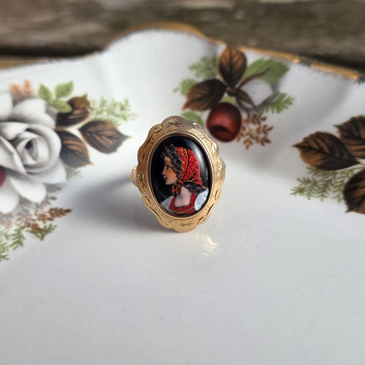Vintage 14k gouden ring emaille portret
