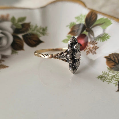 Antieke 14k gouden en zilver ring roosdiamant navette