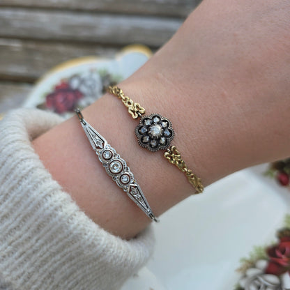 Antieke 14k gouden en zilver roosdiamant armband