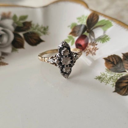 Antieke 14k gouden en zilver ring roosdiamant navette