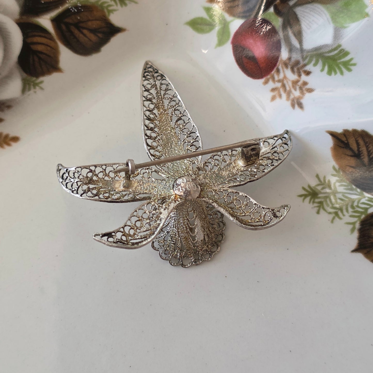 Antique silver filigree orchid brooch