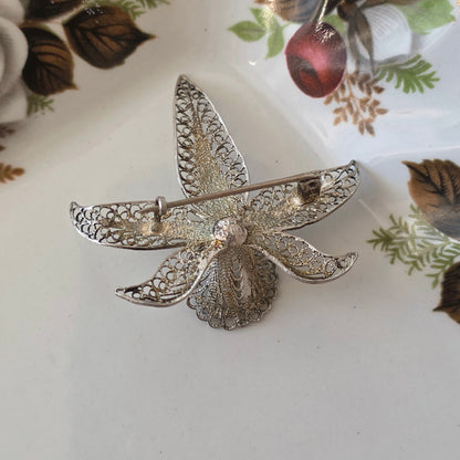 Antique silver filigree orchid brooch