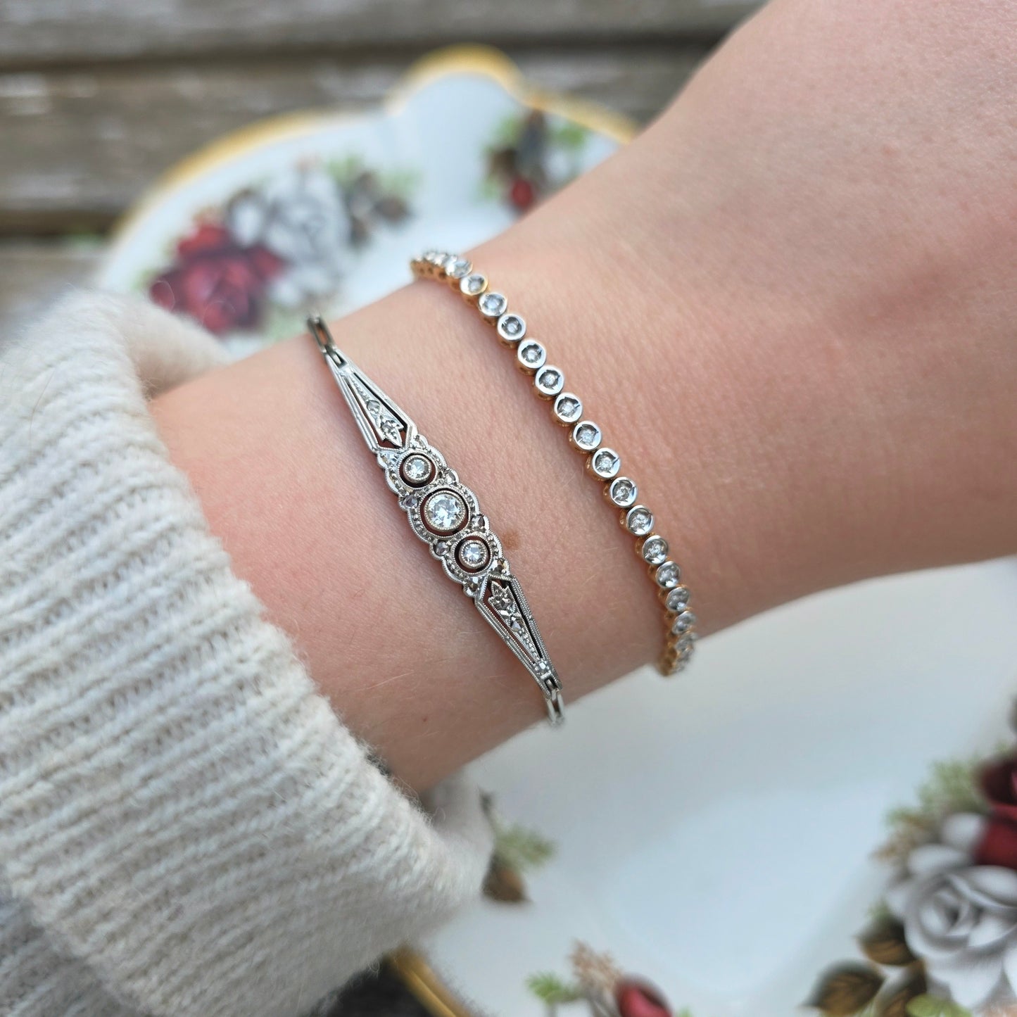 Antieke 14k wit gouden Art Deco diamanten armband