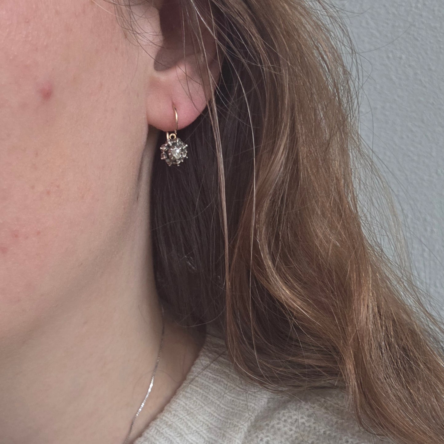 Antieke 14k gouden en zilver roosdiamant oorhangers