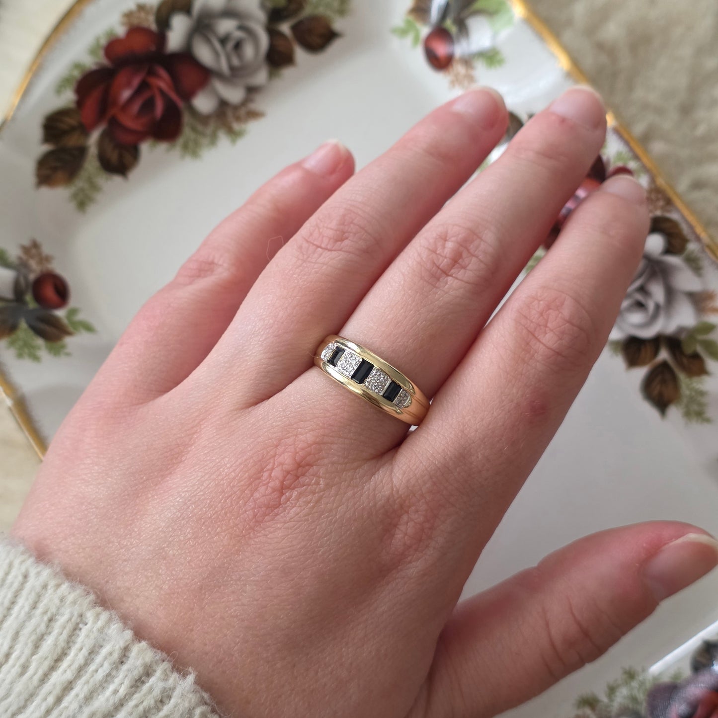 Vintage 14k gouden ring saffier en diamant