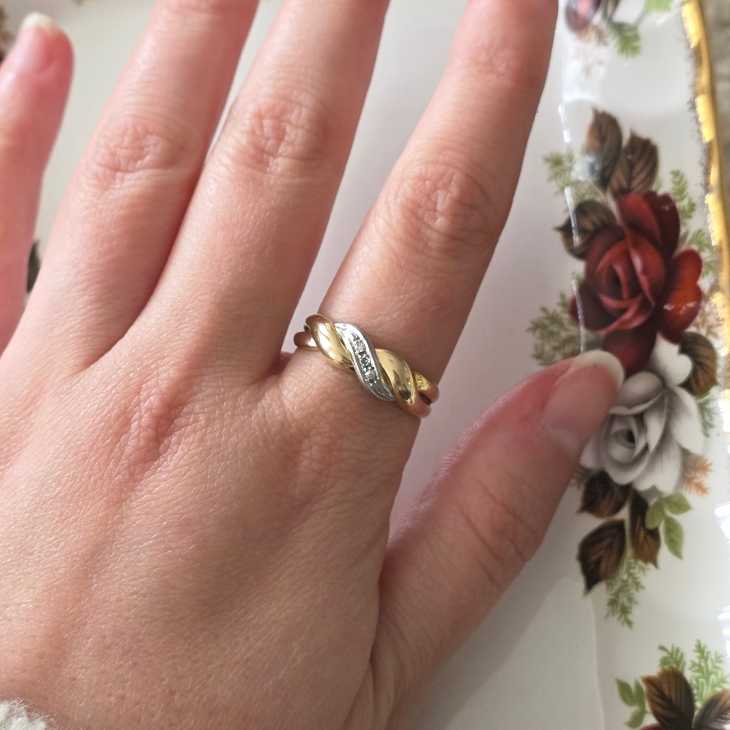 Vintage 14k gold ring diamond braid