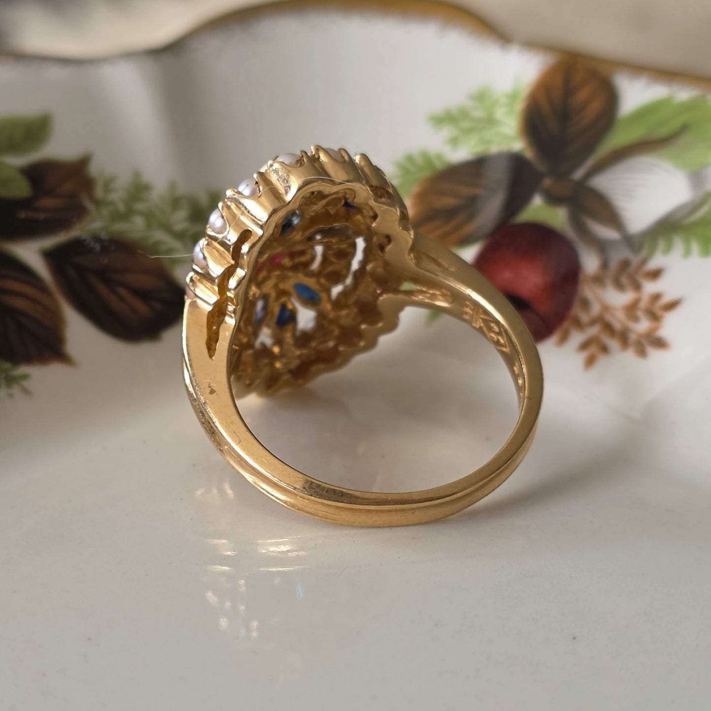 Vintage 14k ring saffier robijn diamant en zaadparels Franklin Mint