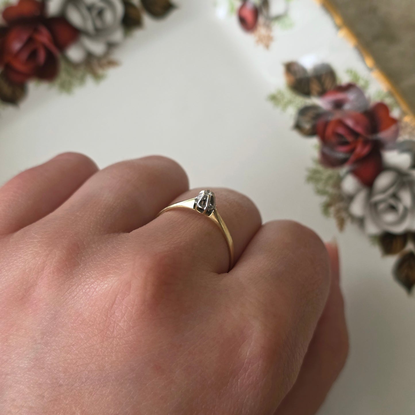 Vintage 14k gouden solitair verlovingsring diamant 0.02ct