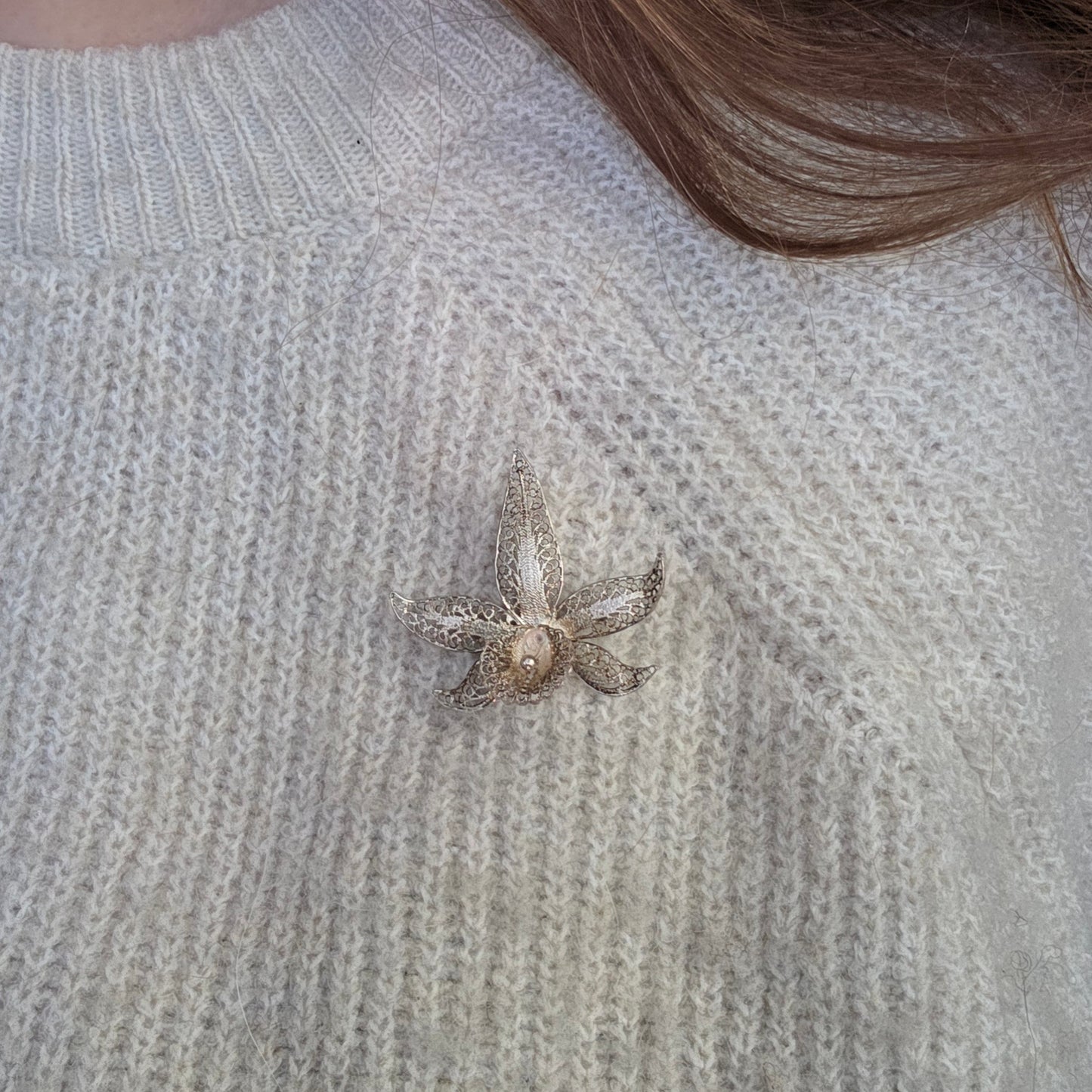 Antique silver filigree orchid brooch