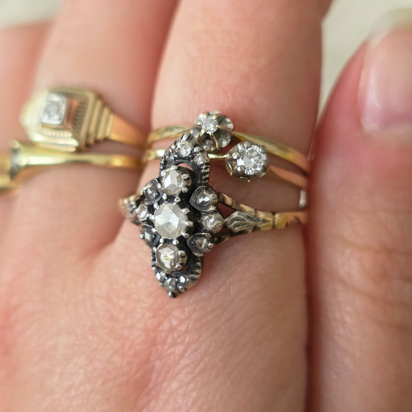 Antieke 14k gouden en zilver ring roosdiamant navette
