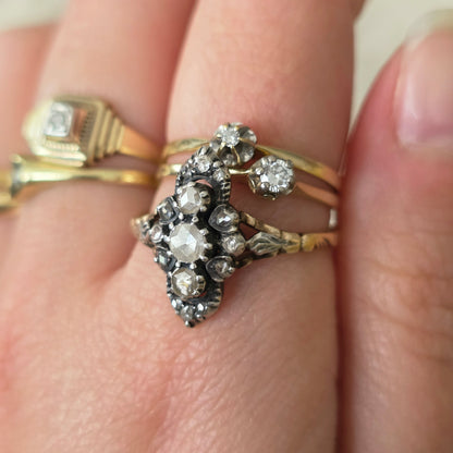 Antieke 14k gouden en zilver ring roosdiamant navette