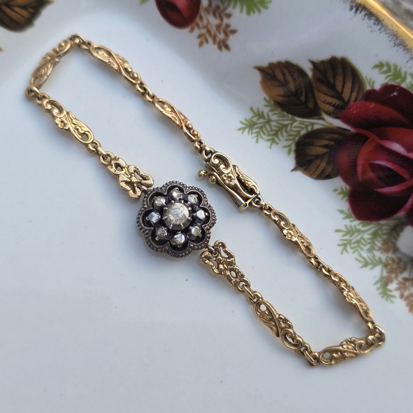 Antieke 14k gouden en zilver roosdiamant armband
