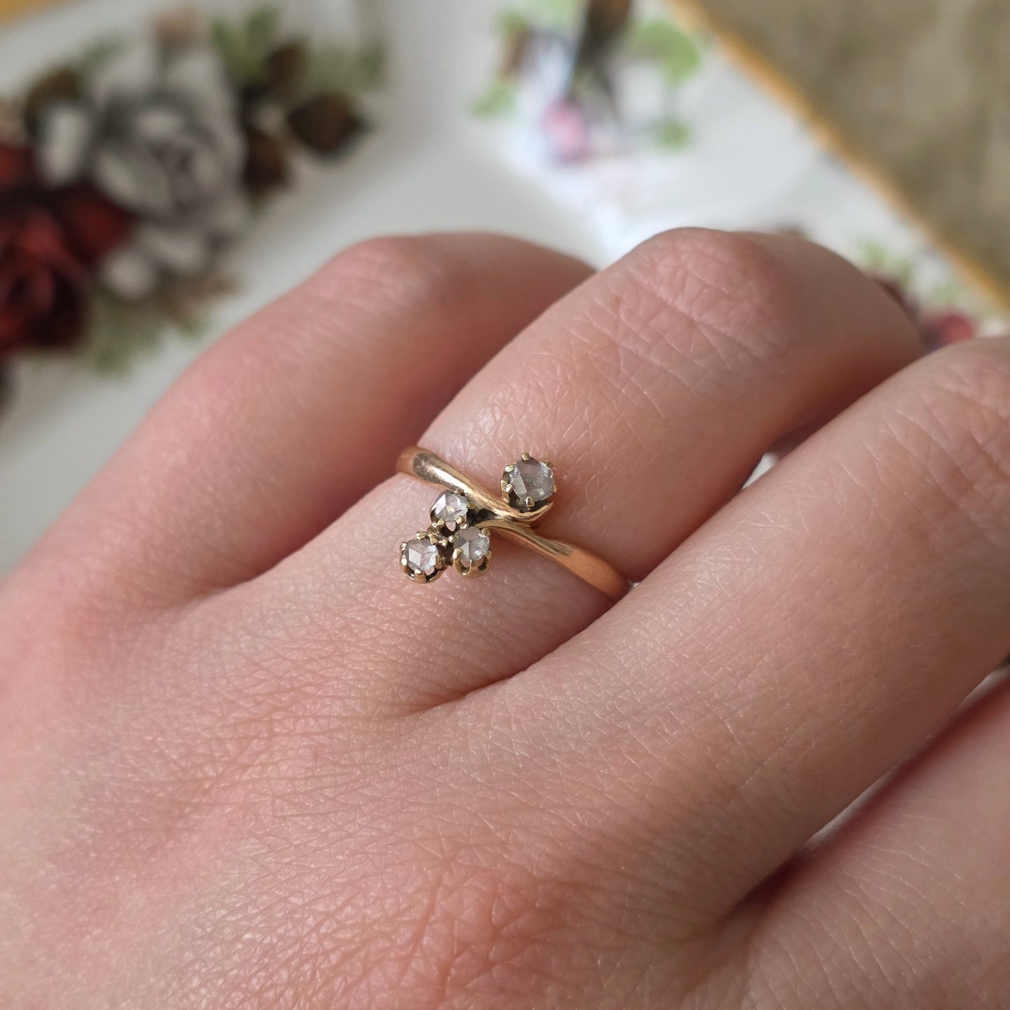 Antieke 14k roségouden ring met roosdiamanten