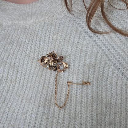 Antieke 14k gouden roosdiamant broche bloemtak