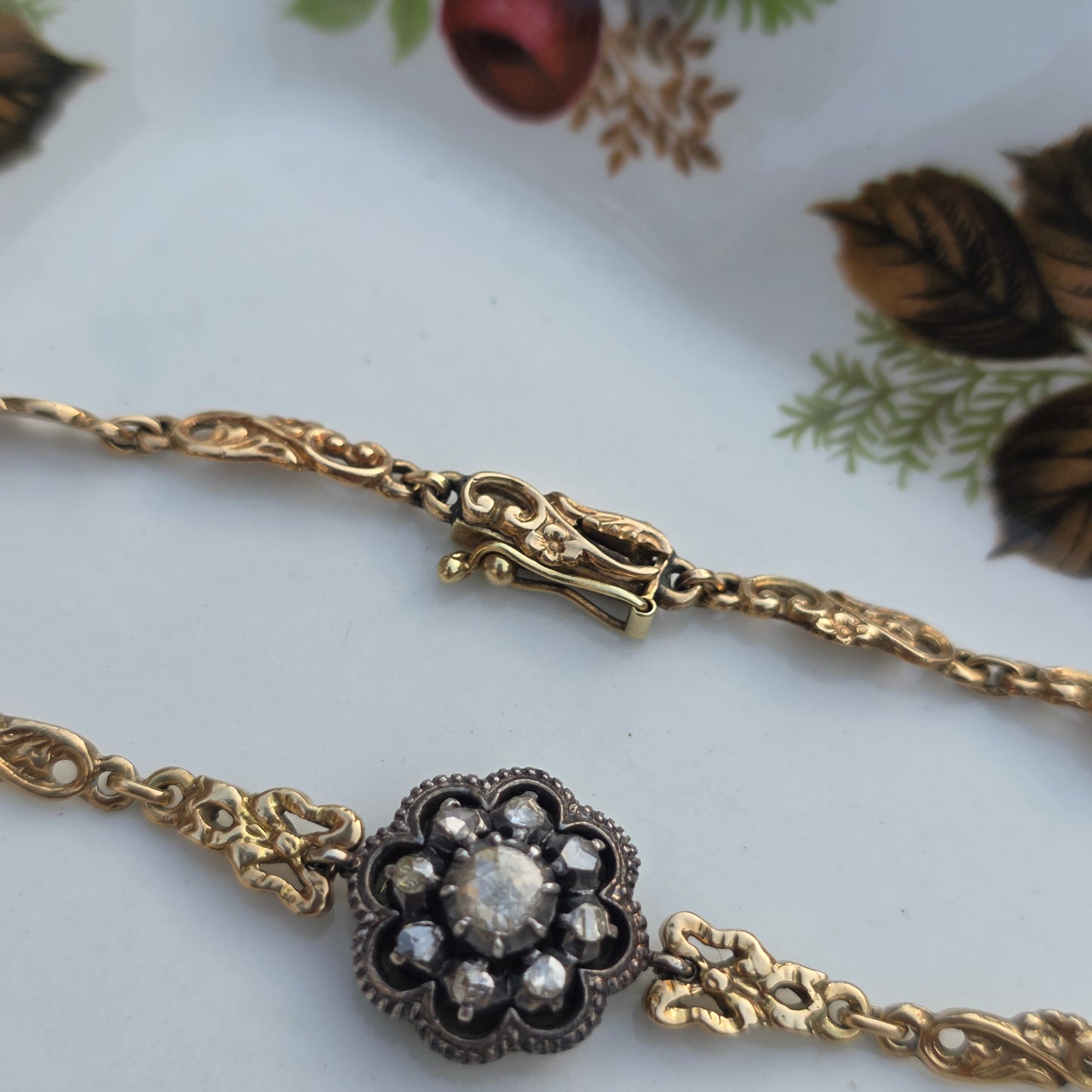 Antieke 14k gouden en zilver roosdiamant armband