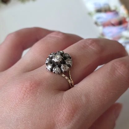 Antieke 14k gouden en zilver ring roosdiamant bloem