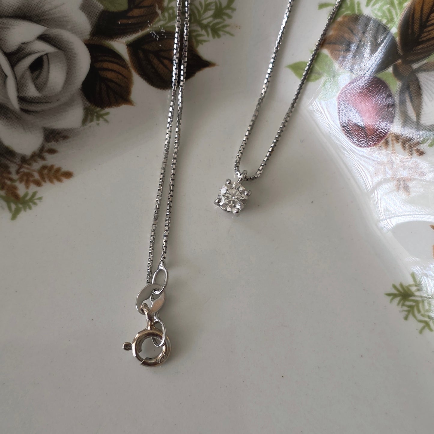 Vintage 18k witgouden ketting met diamant solitair 0.2ct