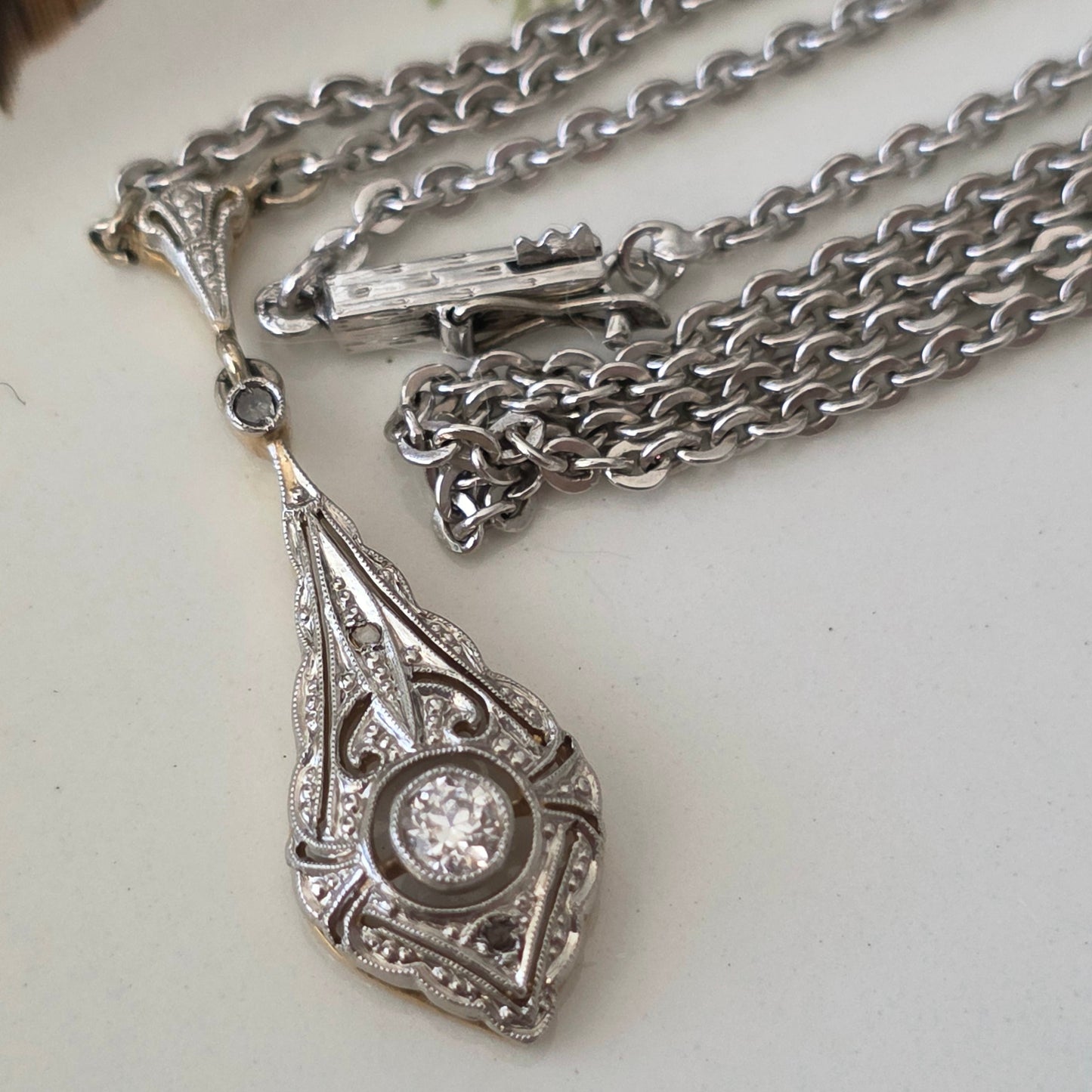 Antieke 14k wit gouden Art Deco diamant ketting