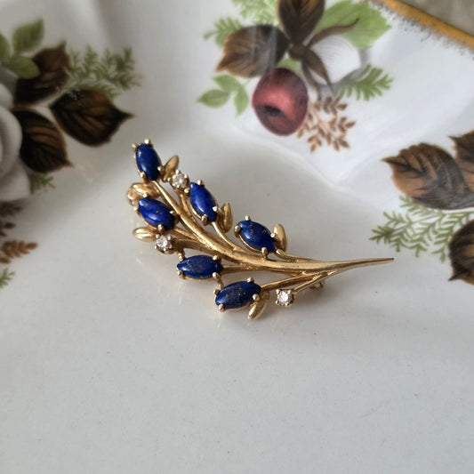 Vintage 14k gouden broche met diamant en lapis lazuli