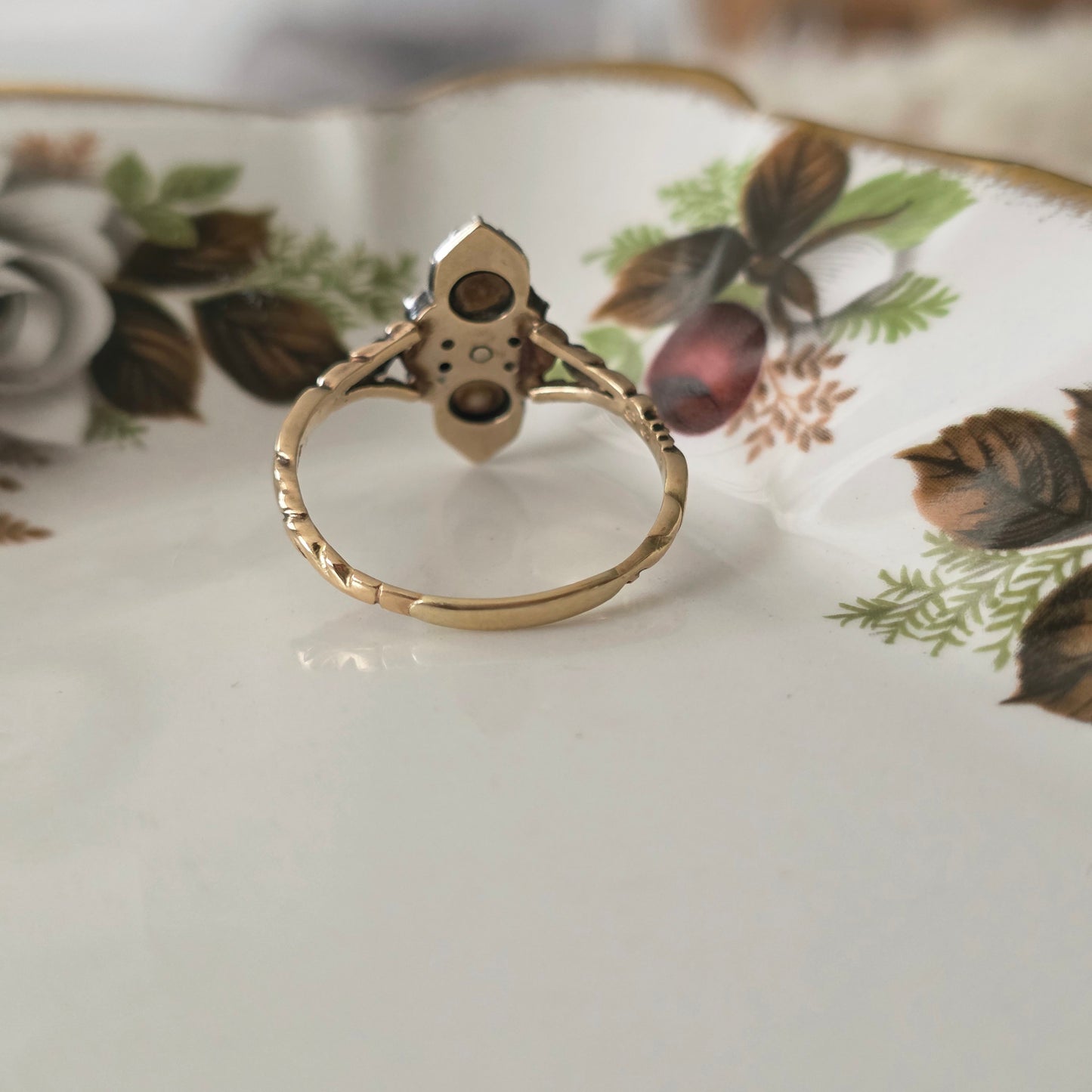 Antieke 14k gouden en zilver ring roosdiamant navette