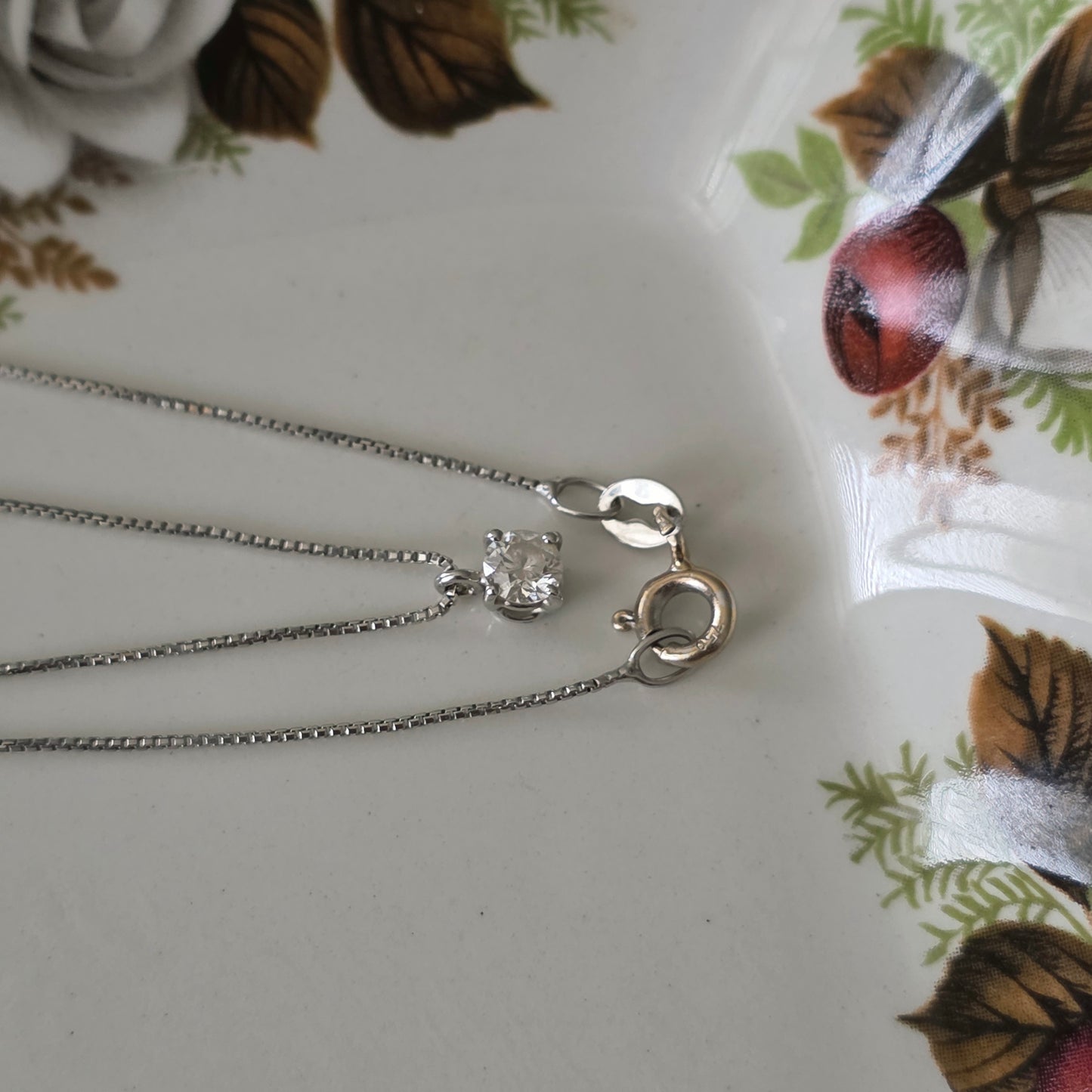 Vintage 18k witgouden ketting met diamant solitair 0.2ct