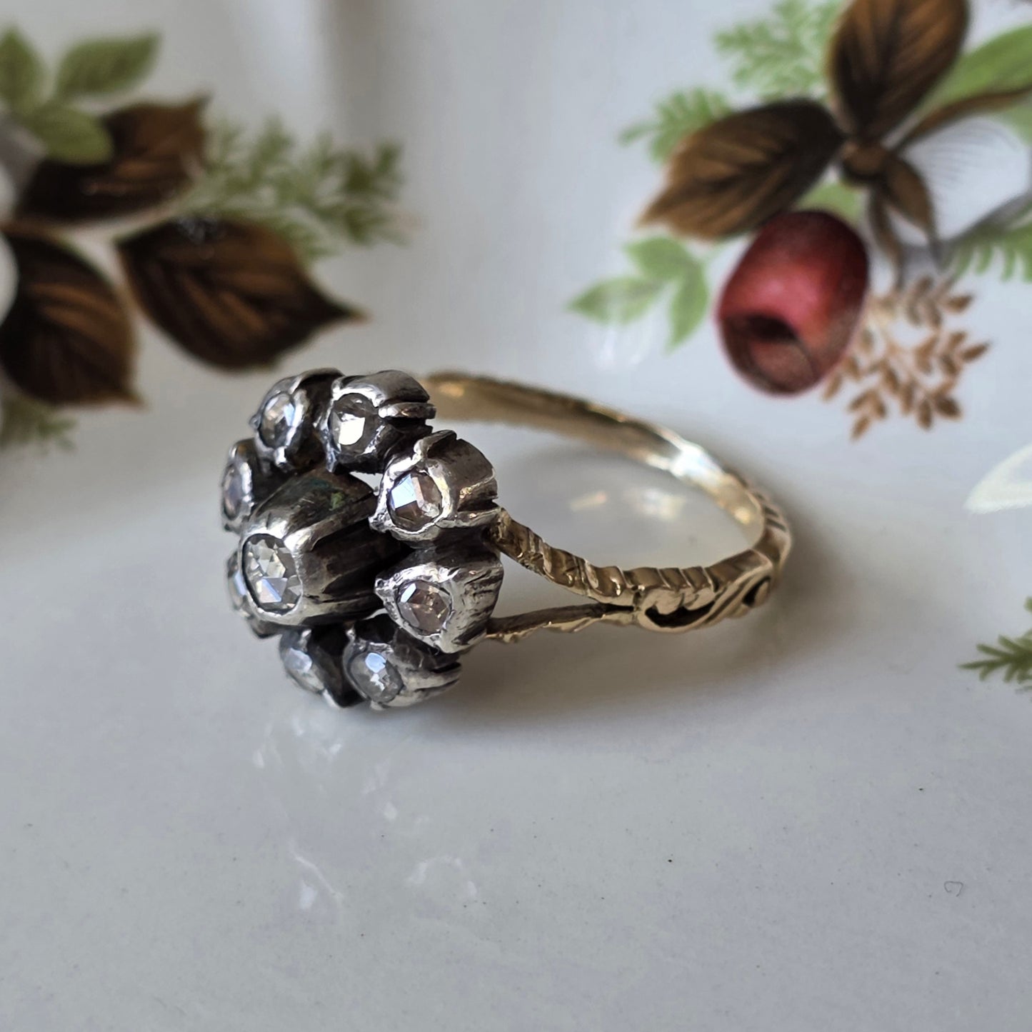 Antieke 14k gouden en zilver ring roosdiamant bloem