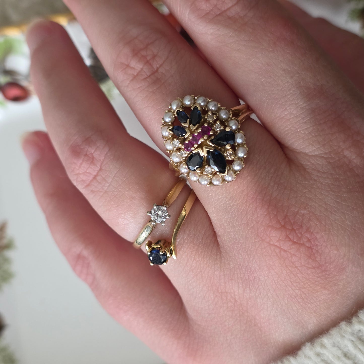 Vintage 14k gouden ring solitair saffier