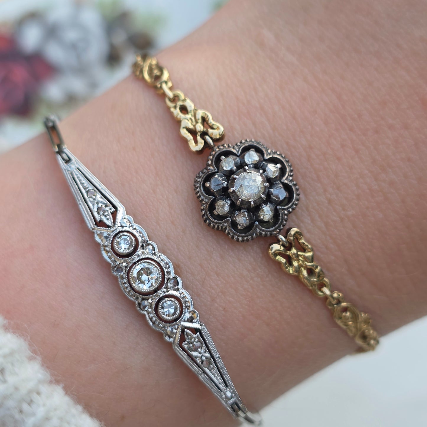 Antieke 14k wit gouden Art Deco diamanten armband