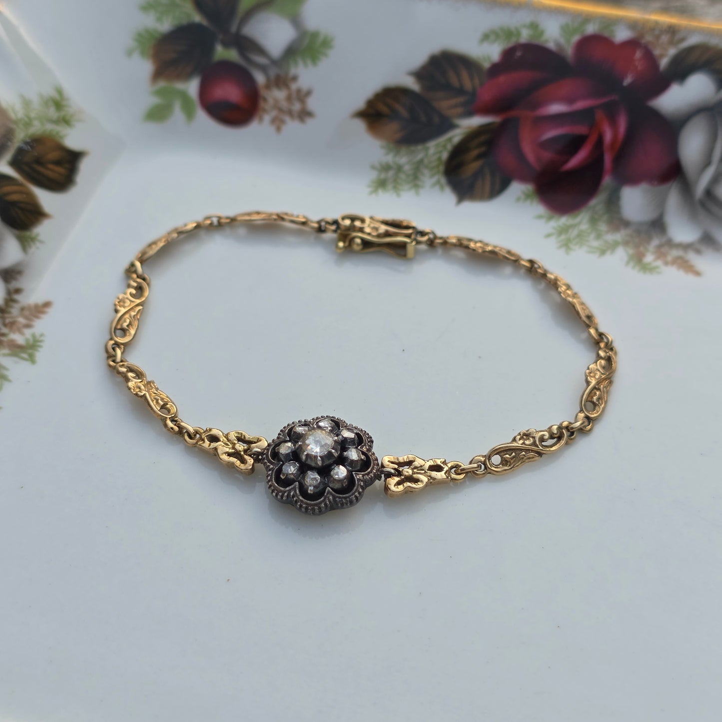 Antieke 14k gouden en zilver roosdiamant armband