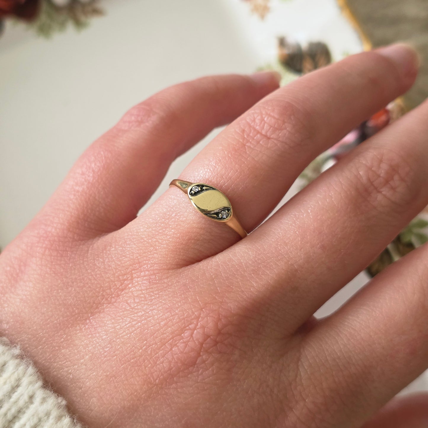 Vintage 14k gouden zegelring diamant