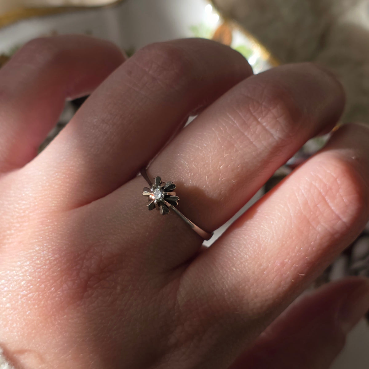 Vintage 14k witgouden ring ster met diamant 0.05ct