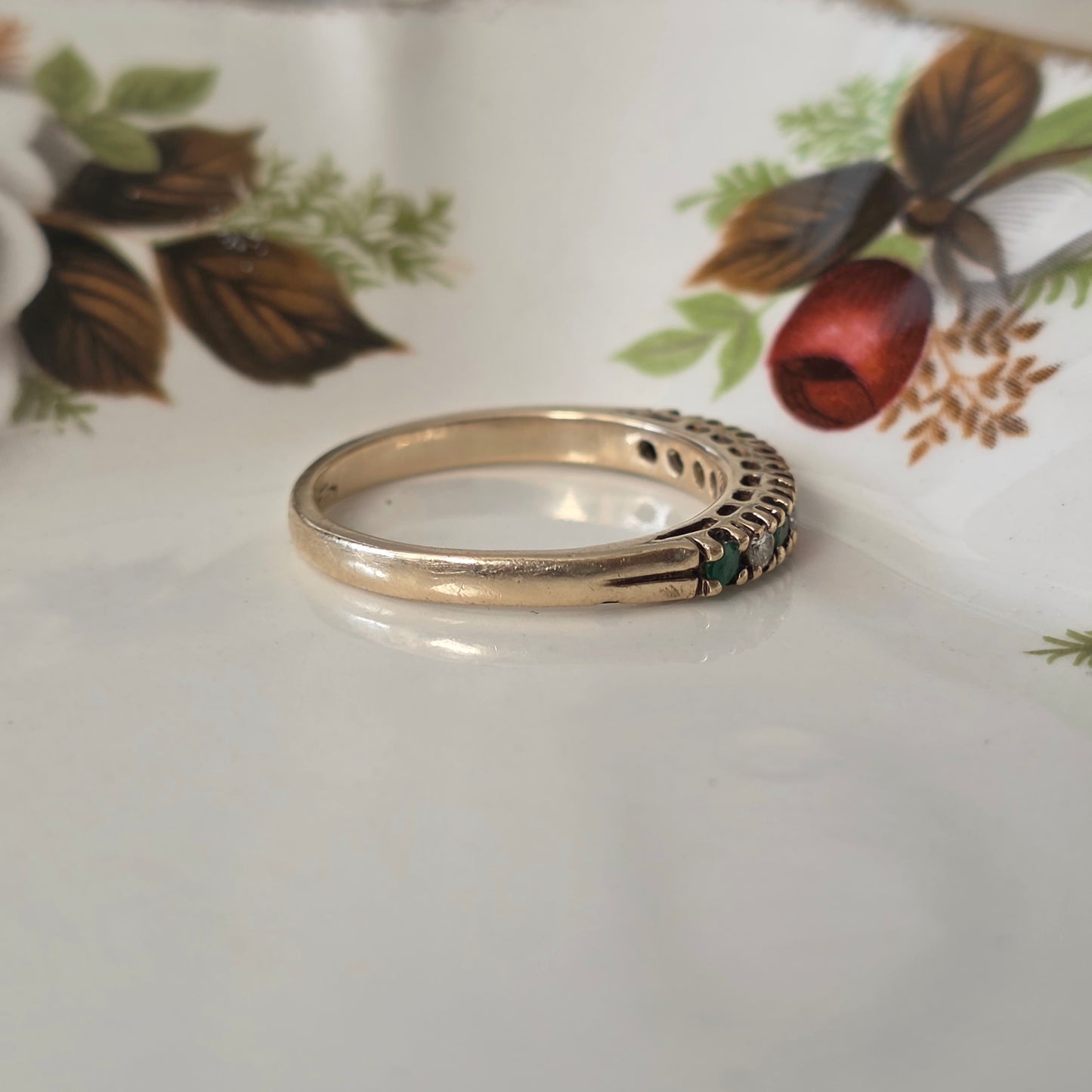 Vintage 14k gouden ring met smaragd en diamant