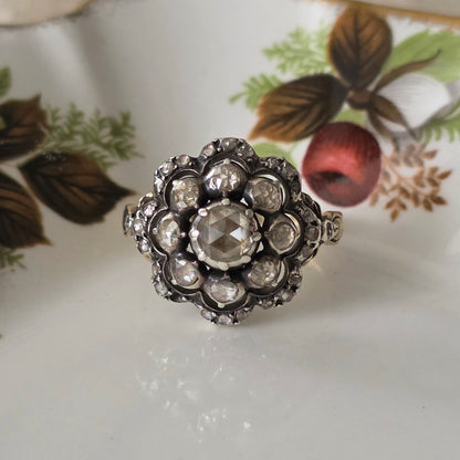Antieke 14k gouden en zilver ring roosdiamant bloem
