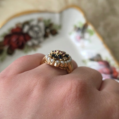 Vintage 14k ring saffier robijn diamant en zaadparels Franklin Mint