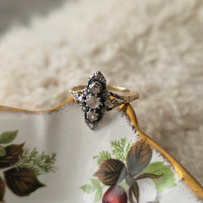 Antieke 14k gouden en zilver ring roosdiamant navette