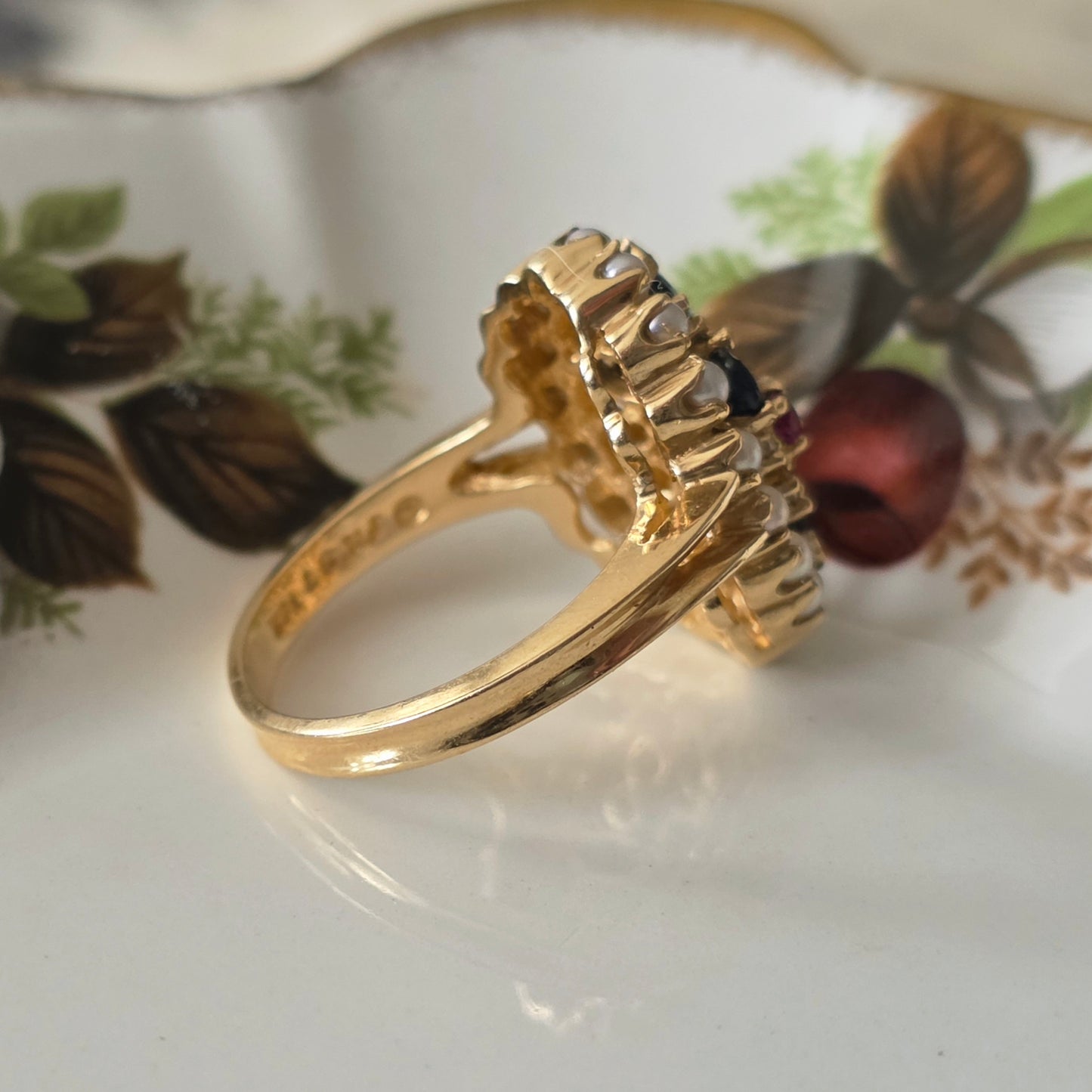Vintage 14k ring saffier robijn diamant en zaadparels Franklin Mint