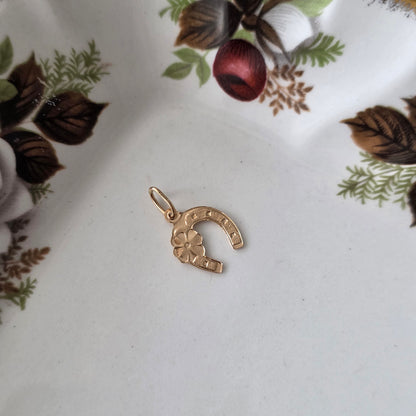 Vintage 18k gouden hanger hoefijzer klavertje vier
