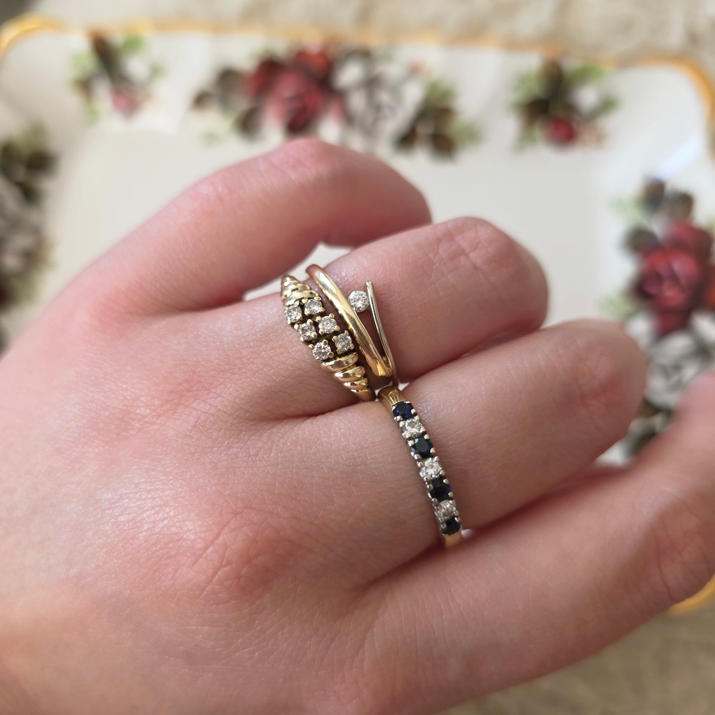 Vintage 14k gouden ring met saffier en diamant 0.12ct